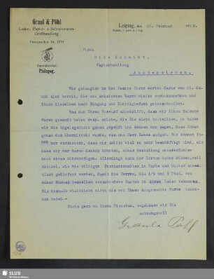 Graul & Pöhl, Leder-, Papier- u. Schreibwaren-Großhandlung, Leipzig : Mitteilung