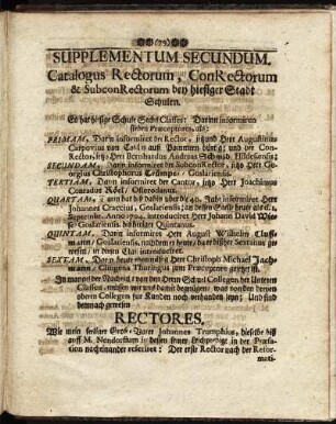 Supplementum Secundum. Catalogus Rectorum, ConRectorum & SubconRectorum bey hiesiger Stadt Schulen.