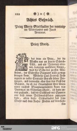 Achtes Gespräch. Prinz Moritz Statthalter der vereinigten Niederlanden und Jacob Arminius.