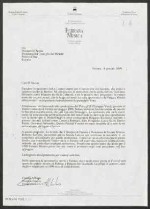 Brief an Massimo D'Alema, 04.01.1999