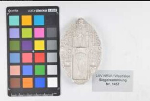 Siegler: Osnabrück, Bischof Dietrich von Überlieferungsart: Nachbildung. Stoff: Gips Farbe: ungefärbt Form: spitzoval. Durchmesser: 79 mm Art: Typ: Umschrift: