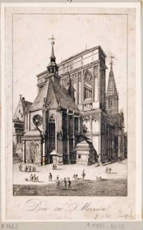 Der Dom auf dem Burgberg in Meißen von Südwesten mit Fürstenkapelle und "Schafstall" auf zweitem Turmgeschoss, dahinter der höckrige Turm