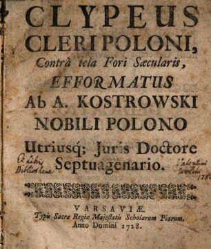 Clypeus cleri Poloni, contra tela fori saecularis