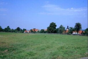 Blick zum Ortsrand; Gärten, Bäume, rote Dächer