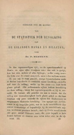 Bijdrage tot de kennis van de statistiek der bevolking van de eilanden Banka en Billiton, door P. Bleeker