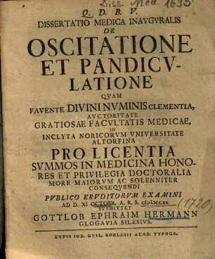 Dissertatio Medica Inavgvralis De Oscitatione Et Pandicvlatione
