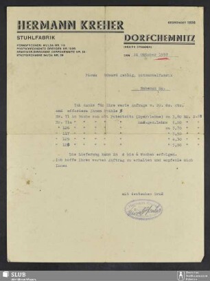 Hermann Kreher, Stuhlfabrik, Dorfchemnitz (Bezirk Dresden) : Mitteilung