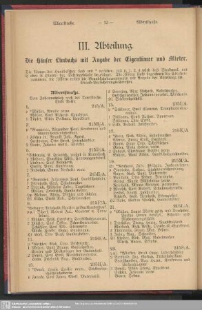 III. Abteilung. Häuserbuch : III. Abteilung. Die Häuser Limbachs mit Angabe der Eigentümer und Mieter