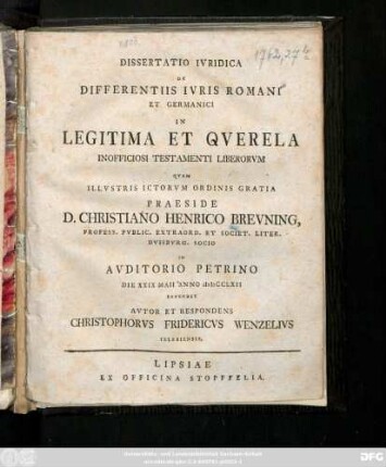 Dissertatio Ivridica De Differentiis Ivris Romani Et Germanici In Legitima Et Qverela Inofficiosi Testamenti Liberorvm