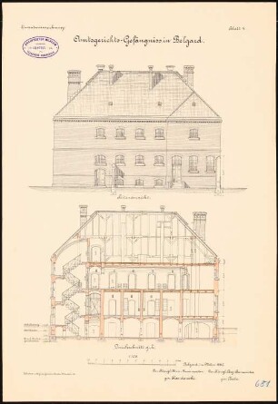 Amtsgerichts- und Gefängnisgebäude, Belgard: Amtsgerichts-Gefängnis Längsschnitt, Seitenansicht 1:100