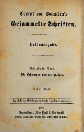 Conrad von Bolanden's Gesammelte Schriften. 18, Die Schwarzen und die Rothen : Erster Theil
