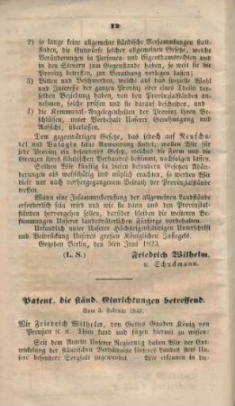Patent, die ständ. Einrichtungen betreffend. Vom 3. Februar 1847.