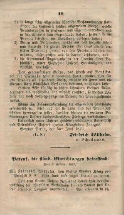 Patent, die ständ. Einrichtungen betreffend. Vom 3. Februar 1847.