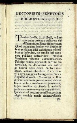 Lectoribus Benevolis Bibliopolae S. P. D.