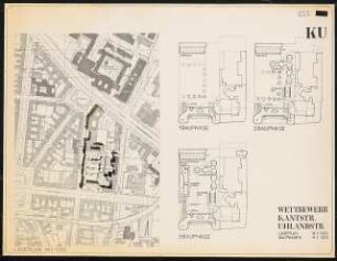 Städtebaulicher Wettbewerb, Kantstraße, Uhlandstraße, Berlin-Charlottenburg: Lageplan 1:1000, 1. bis 3. Bauphase der Bebaubung des Grundstückes 1:500