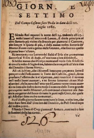 Giornale ... Dal Campo Cesareo ..., 7. ... sotto Buda in data delli 21. Luglio 1686