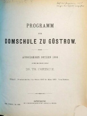 Programm der Domschule zu Güstrow : ausgegeben Ostern ... 1889/90