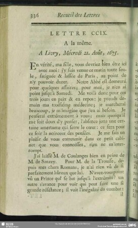 Lettre CCIX. A la même. A Livry, Mécredi 21. Août, 1675
