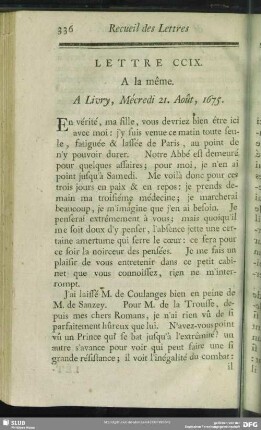Lettre CCIX. A la même. A Livry, Mécredi 21. Août, 1675