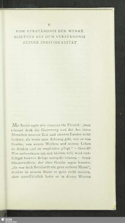 V. Vom Verständnis der Werke Goethes aus dem Verständnis seiner Individualität