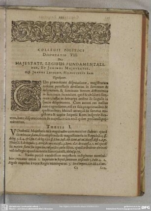 Disputatio VII. De Maiestate, Legibus Fundamentalibus, Et Iuribus Maiestatis