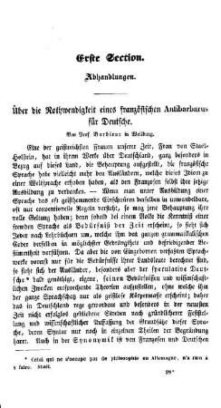 Über die Nothwendigkeit eines französischen Antibarbarus für Deutsche