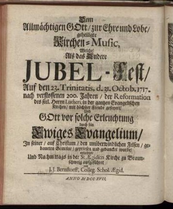 Dem Allmächtigen Gott/zur Ehre und Lobe/geheiligte Kirchen-Music,...