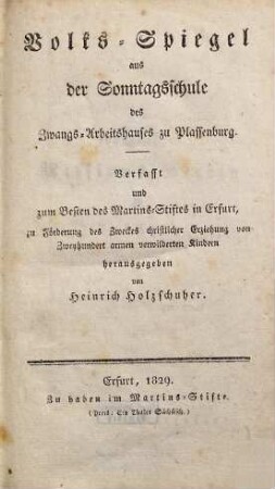 Volks-Spiegel aus der Sonntagsschule des Zwangs-Arbeitshauses zu Plassenburg