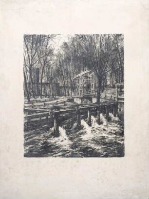 Lithografiestein aus Solnhofener Kalkstein mit Motiv "Spandau - Alte Schleuse mit Juliusturm um 1890" oder Spandau an der alten Schleuse