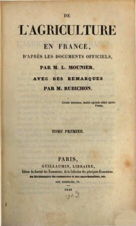 De l'agriculture en France d'après les documents officiels. 1