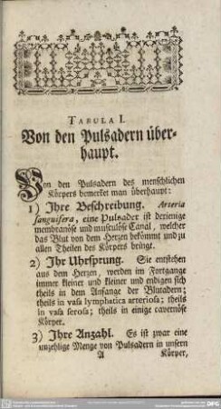 Tabula I. Von den Pulsadern überhaupt