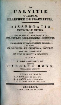 De calvitie quaedam, praecipue de praematura