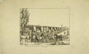 Der Übergang der Großen Armee (französische Truppen unter Napoleon) über die interimistisch reparierte Elbbrücke (alte Augustusbrücke) in Dresden, einen Holzponton daneben und mittels Booten am 14. Mai 1813