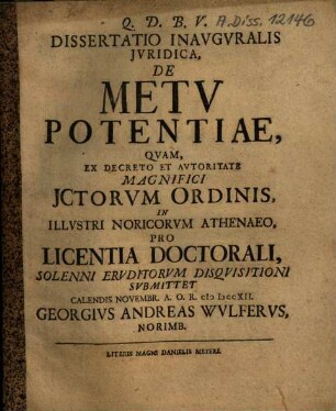 Dissertatio inauguralis iuridica de metu potentiae