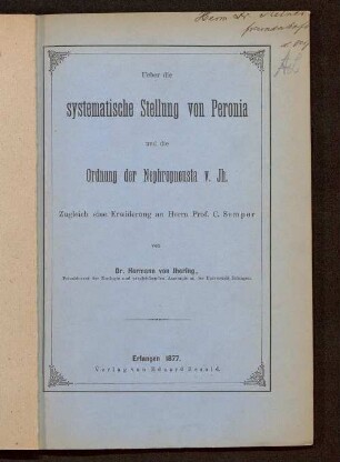 Über die systematische Stellung von Peronia und die Ordnung der Nephropneusta v. Jh. : zugleich eine Erwiderung an Herrn Prof. C. Semper