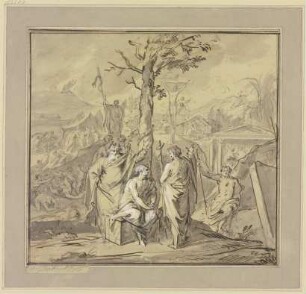 Ein am Baum der Erkenntnis Sitzender erhält Unterweisungen von Moses und Johannes dem Täufer, im Hintergrund Gesetzesempfang und eherne Schlange, typologisch flankiert von der Kreuzigung und Auferstehung Christi