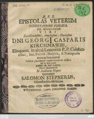Epistolas Veterum Dissertatione Publica