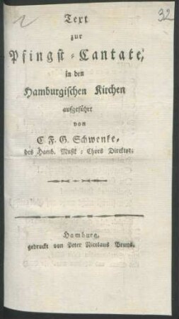 Text zur Pfingst-Cantate, : in den Hamburgischen Kirchen aufgeführt