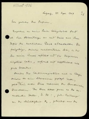 Nr. 2: Brief von Felix Hausdorff an David Hilbert, Leipzig, 29.9.1904