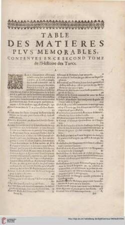 Table des matière plus memorabiles, contenues en ce second tome de l'histoire des Turcs