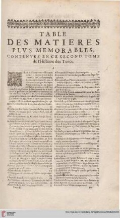 Table des matière plus memorabiles, contenues en ce second tome de l'histoire des Turcs