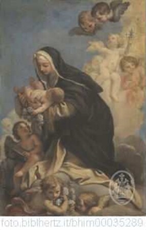 Die heilige Rosa von Lima trägt das Christuskind auf Wolken