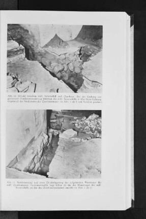 Abb. 10: Befund zwischen südl. Seitenschiff und Querhaus. (Bei der Grabung ausgeräumter) Fundamentmauerzug inmitten des südl. Seitenschiffs in Ost-West-Richtung. Gegenstoß des Fundaments der Querhausmauer und Abb. 11: Fundamentzug und erste Quaderlagerung der aufgehenden Westmauer des südl. Querhausarms. Fundamentsohle liegt höher als die des Mauerzugs des südl. Seitenschiffs, an den das Querhausfundament anstößt