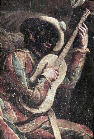 Harlekin und Begleitfiguren musizierend