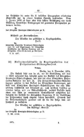 Ressortverhältnisse in Angelegenheiten des Präparanden-Bildungswesens : [IV. Seminarien, Bildung der Lehrer und deren persönliche Verhältnisse]