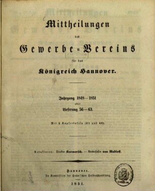 Mittheilungen des Gewerbevereins für das Königreich Hannover. 1848/51 = Lfg. 56 - 63