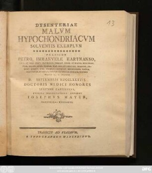 Dysenteriae Malvm Hypochondriacvm Solventis Exemplvm