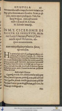 In Marci Tullii Ciceronis Dialogum De Senectute Henrici Loriti Glareani aliquot annotationes