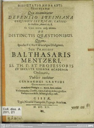 9: Disputationes novem anti-Steinianae : quibus examinatur defensio concionis Irenicae a Paulo Steinio ...