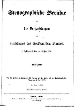 Verhandlungen des Reichstages des Norddeutschen Bundes. Stenographische Berichte über die Verhandlungen des Reichstages des Norddeutschen Bundes, 10. 1870